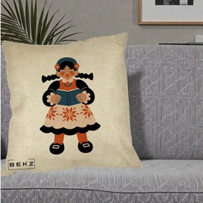 Perna Personalizata Fetita cu Carte Ilustratie Folk, 40x40 cm, Crem, Husa Detasabila, Perna Inclusa, BEKZ®