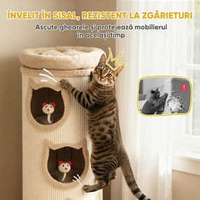 PawHut Turn de zgâriet pentru pisici de 96 cm înălțime, cu 3 căsuțe și un culcuș superior detașabil și lavabil, crem | Aosom Romania