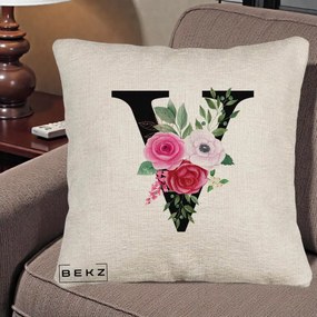 Cadou Personalizat - Perna Personalizata Monograma Florala Litera V cu Buchet, 40x40 cm, Bej Canapea, Husa Detasabila, Perna Inclusa, BEKZ®