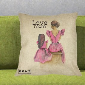 Cadou pentru Mama - Perna Personalizata Love Mom Rochii Roz, 40x40 cm, Crem, Husa Detasabila, Perna Inclusa, BEKZ®