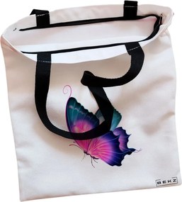 Sacosa de Panza pentru Cumparaturi, Geanta Tote, model Colorful Butterfly, Cu fermoar, 38x34.5 cm, Alba, BEKZ®