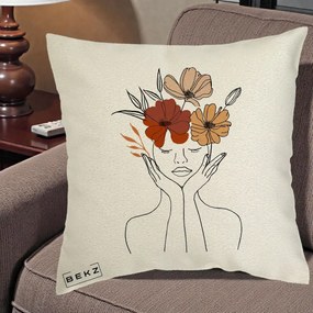 Perna Decorativa Portret Feminin Coroana Trei Flori, 40x40 cm, Ecru, Husa Detasabila, Perna Inclusa, BEKZ®