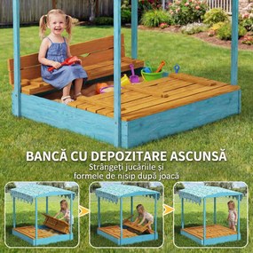AIYAPLAY Lădiță cu Nisip pentru Copii 3-6 Ani cu Acoperiș Dinosauri, Bănci Pliabile, Capac și Husă Incluse, Lădiță de Nisip din Lemn de Brad, 134,5x127,5x130 cm, Albastru | Aosom Romania