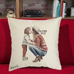 Cadou pentru Mama - Perna Personalizata Super Mom Acuarela, 40x40 cm, Ecru, Husa Detasabila, Perna Inclusa, BEKZ®