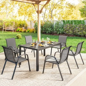 Outsunny Set Masă și Scaune de Grădină 7 Piese, Set Prânz Exterior cu Masă Dreptunghiulară, 6 Scaune Stivuibile din Textilenă, Set Mobilier de Grădină pentru Terasă, Balcon, Patio, Gri Deschis | Aosom Romania