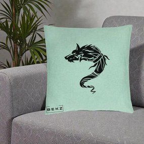 Perna Decorativa Lup Tribal Alb-Negru, 40x40 cm, Verde Menta, Husa Detasabila, Perna Inclusa, BEKZ®