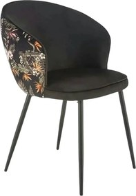 Scaun tapitat K506, negru, cu imprimeu floral, stofa catifelata, 55x60
