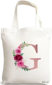 Sacosa de Panza pentru Cumparaturi, Geanta Tote, Cu litera G Rose Gold si Trandafiri, 38x34.5 cm, Alba, BEKZ®