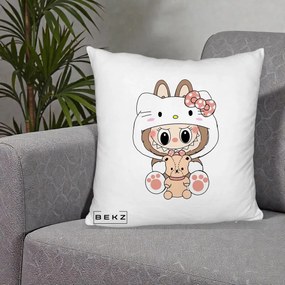 Perna Personalizata Labubu x Hello Kitty, 40x40 cm, Alb Pufos, Husa Detasabila, Perna Inclusa, BEKZ®