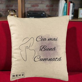 Cadou pentru Cumnata - Perna Personalizata Cea mai Buna Cumnata cu Silueta Dama si Pete Violet, 40x40 cm, Bej, Husa Detasabila, Perna Inclusa, BEKZ®