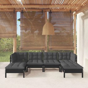 3097083 vidaXL Set mobilier de grădină cu perne, 6 piese, negru, lemn de pin