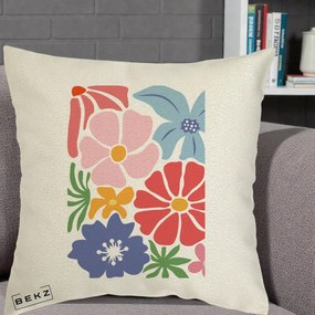 Perna Decorativa Flori Grafice Roz-Rosu-Albastru, 40x40 cm, Ecru, Husa Detasabila, Perna Inclusa, BEKZ®