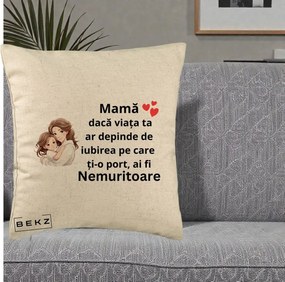 Cadou pentru Mama - Perna Personalizata Mama Nemuritoare cu Balon Inima, 40x40 cm, Bej, Husa Detasabila, Perna Inclusa, BEKZ®