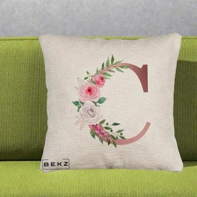 Cadou Personalizat - Perna Personalizata Monograma Rose Gold Litera C, 40x40 cm, Bej Canapea, Husa Detasabila, Perna Inclusa, BEKZ®