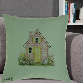 Perna Decorativa Casuta Roz Acuarela cu Gradina, 40x40 cm, Verde, Husa Detasabila, Perna Inclusa, BEKZ®