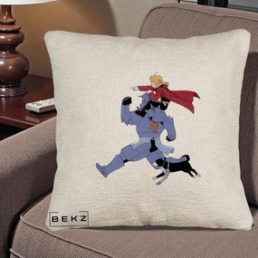 Perna Personalizata Fullmetal Alchemist Edward si Alphonse, 40x40 cm, Bej Canapea, Husa Detasabila, Perna Inclusa, BEKZ®