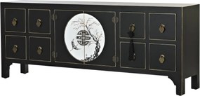 Comodă TV living din lemn, negru, cu 2 uși, 8 sertare și medalion oriental cu ramură înflorită, 51 x 130 x 26 cm, „Zenora”