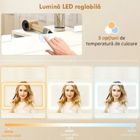 HOMCOM Stație de Machiaj cu Lumini LED, 3 Culori, Luminozitate Reglabilă, Toaletă Convertibilă cu Prize Electrice, 6 Sertare Soft Close, Oglindă, Rafturi Deschise, pentru Dormitor, Alb | Aosom Romania