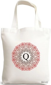 Sacosa de Panza pentru Cumparaturi, Geanta Tote, Cu litera Q si Mandala, 38x34.5 cm, Alba, BEKZ®