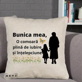 Cadou pentru Bunica - Perna Personalizata Bunica Mea Comoara Iubire Intelepciune Varianta Extinsa, 40x40 cm, Bej Canapea, Husa Detasabila, Perna Inclusa, BEKZ®