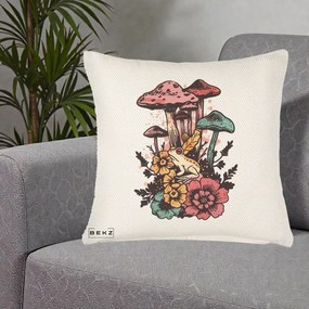 Perna Decorativa Ciuperci si Broaste Boho, 40x40 cm, Crem Reliefat, Husa Detasabila, Perna Inclusa, BEKZ®