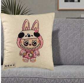 Perna Personalizata Labubu Panda-Bunny Roz, 40x40 cm, Bej, Husa Detasabila, Perna Inclusa, BEKZ®