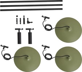 Sistem de iluminat pe șină modern negru cu 2 spoturi și 3 lămpi suspendate verzi monofazate - Slimline Uzzy Panzi