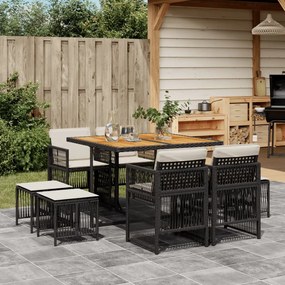 vidaXL Set mobilier de grădină cu perne, 9 piese, negru, poliratan