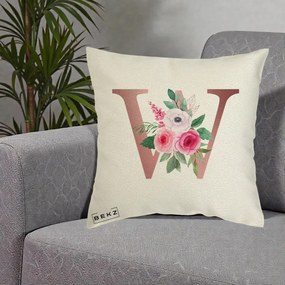 Cadou Personalizat - Perna Personalizata Monograma Rose Gold Litera W cu Trandafiri si Anemona, 40x40 cm, Ecru, Husa Detasabila, Perna Inclusa, BEKZ®