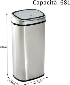 HomCom Cestino dei Rifiuti Rettangolare in Acciaio Inox con Sensore a Infrarossi, 68L