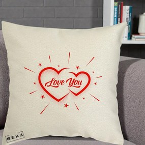 Cadou Romantic - Perna Personalizata Love You Doua Inimi, 40x40 cm, Ecru, Husa Detasabila, Perna Inclusa, BEKZ®