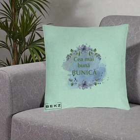 Cadou pentru Bunica - Perna Personalizata Cea Mai Buna Bunica Flori Mov Acuarela Auriu, 40x40 cm, Verde Menta, Husa Detasabila, Perna Inclusa, BEKZ®