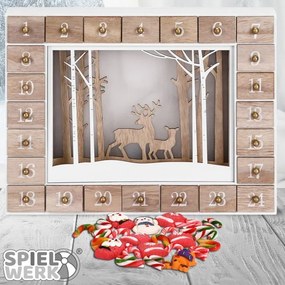Calendar advent din lemn PĂDUREA DE IARNĂ cu iluminare, 35x6x27cm, alb/maro Spielwerk