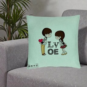 Cadou Romantic - Perna Personalizata Cuplu Kawaii LOVE, 40x40 cm, Verde Menta, Husa Detasabila, Perna Inclusa, BEKZ®