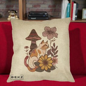 Perna Decorativa Pisica Vintage Florala Boho, 40x40 cm, Crem, Husa Detasabila, Perna Inclusa, BEKZ®