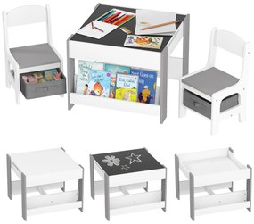 HOMCOM Set de Masă și Scaun pentru Copii, Set de Birou și Scaun pentru Copii 2-în-1 cu Tablă și Rafturi pentru Cărți, 61.5x61.5x48 cm, Gri | Aosom Romania
