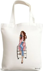 Sacosa de Panza pentru Cumparaturi, Geanta Tote Travel Girl, 38x34.5 cm, Alba, BEKZ®