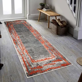 Covor antiderapant Oteea, dreptunghiular, 80x200 cm, gri, rosu, 60% bumbac
