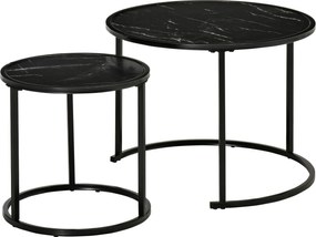 HOMCOM Lot de 2 Mese Laterale Rotunde gigogne incastrabile blat de lemn aspect marmura si Picioare din metal Negru | Aosom Romania