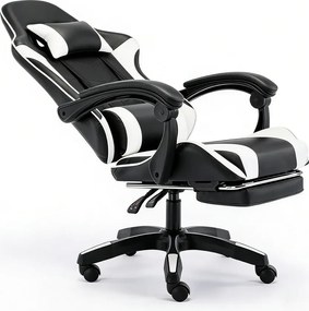 Scaun gaming, Masaj în perna lombară, Rabatabil 90-145°, Suport picioare, piele PU, Negru/Alb