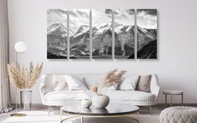 Tablou 5-piese panorama montană frumoasă în design alb-negru