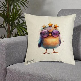 Perna Decorativa Pui Pop Star cu Ochelari Stele Violet, 40x40 cm, Ecru, Husa Detasabila, Perna Inclusa, BEKZ®