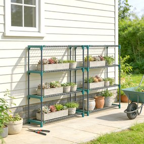 Outsunny Raft pentru Plante pe 4 Niveluri, Set de 2 Suporturi pentru Plante, din Oțel cu Catarame pentru Montaj Ușor, Expunere Ghivece Grădină și Balcon, 90x28x104 cm | Aosom Romania
