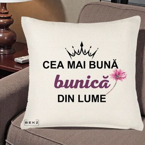 Cadou pentru Bunica - Perna Personalizata Cea Mai Buna Bunica Din Lume Coroana Mov Floare Roz, 40x40 cm, Crem Reliefat, Husa Detasabila, Perna Inclusa, BEKZ®