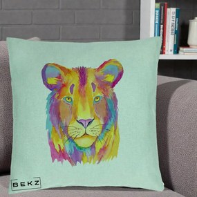 Perna Decorativa Leu Acuarela Curcubeu, 40x40 cm, Verde Menta, Husa Detasabila, Perna Inclusa, BEKZ®
