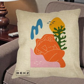 Perna Decorativa Femeie Portocalie Relaxata, 40x40 cm, Crem, Husa Detasabila, Perna Inclusa, BEKZ®