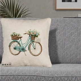 Perna Decorativa Bicicleta Teal cu Cosuri Duble de Flori Vintage, 40x40 cm, Bej Canapea, Husa Detasabila, Perna Inclusa, BEKZ®
