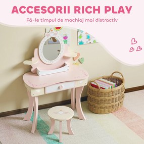 AIYAPLAY Set Masă de Toaletă pentru Copii cu Oglindă și Scaunel, 7 Accesorii de Joc, Sertar, Depozitare pe Birou, Roz | Aosom Romania