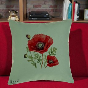 Perna Decorativa Maci Rosii Acuarela, 40x40 cm, Verde, Husa Detasabila, Perna Inclusa, BEKZ®