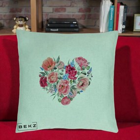 Perna Decorativa Inima din Bujori Acuarela, 40x40 cm, Verde Menta, Husa Detasabila, Perna Inclusa, BEKZ®